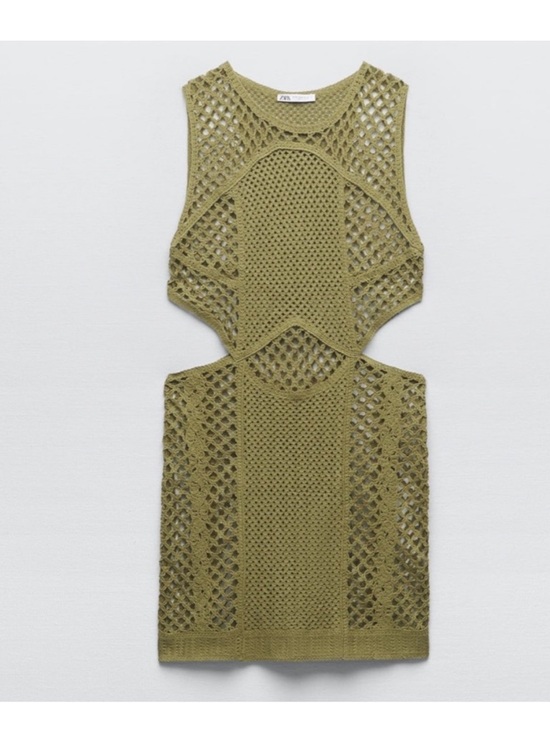 Zara Dresses & Skirts - Zara Khaki Olive Green Knit Crochet Cut Out Swim Cover Mini Dress Size Medium